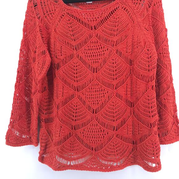 CHICOS Boho Orange Open Lace Knit Art Deco Sweater Cropped Sleeves 2 (12/14) - Picture 3 of 13